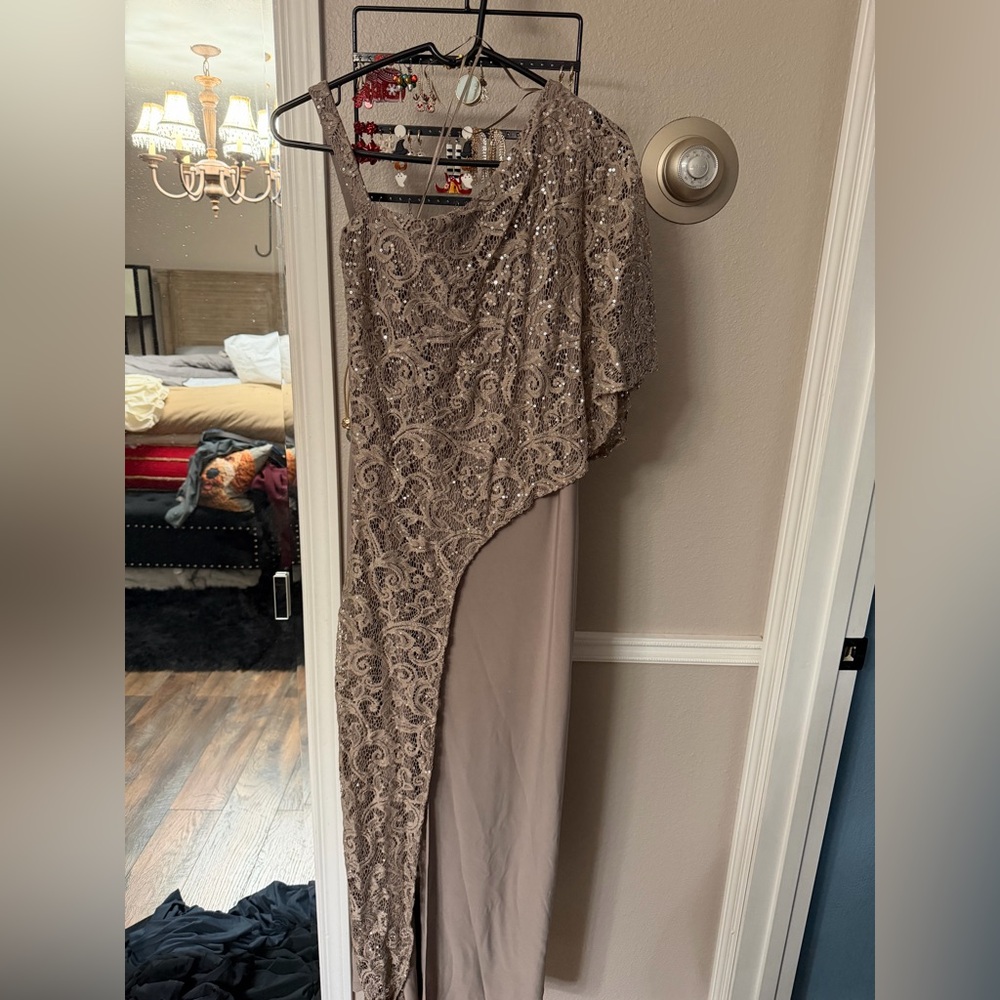 R&M Richards Taupe Sequin Lace One-Shoulder Jumpsuit